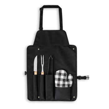 Kit churrasco com 3 utensílios em aço inox e madeira de Seringueira e luva