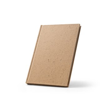 Caderno A5 em casca de coco (60%) e trapos de algodão (40%), com 160 páginas pautadas recicladas